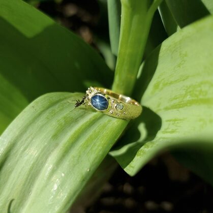 Yellow gold, star sapphire, diamonds