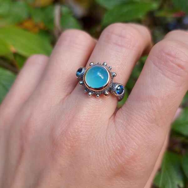 Silver, gold, chalcedony, topaz stones